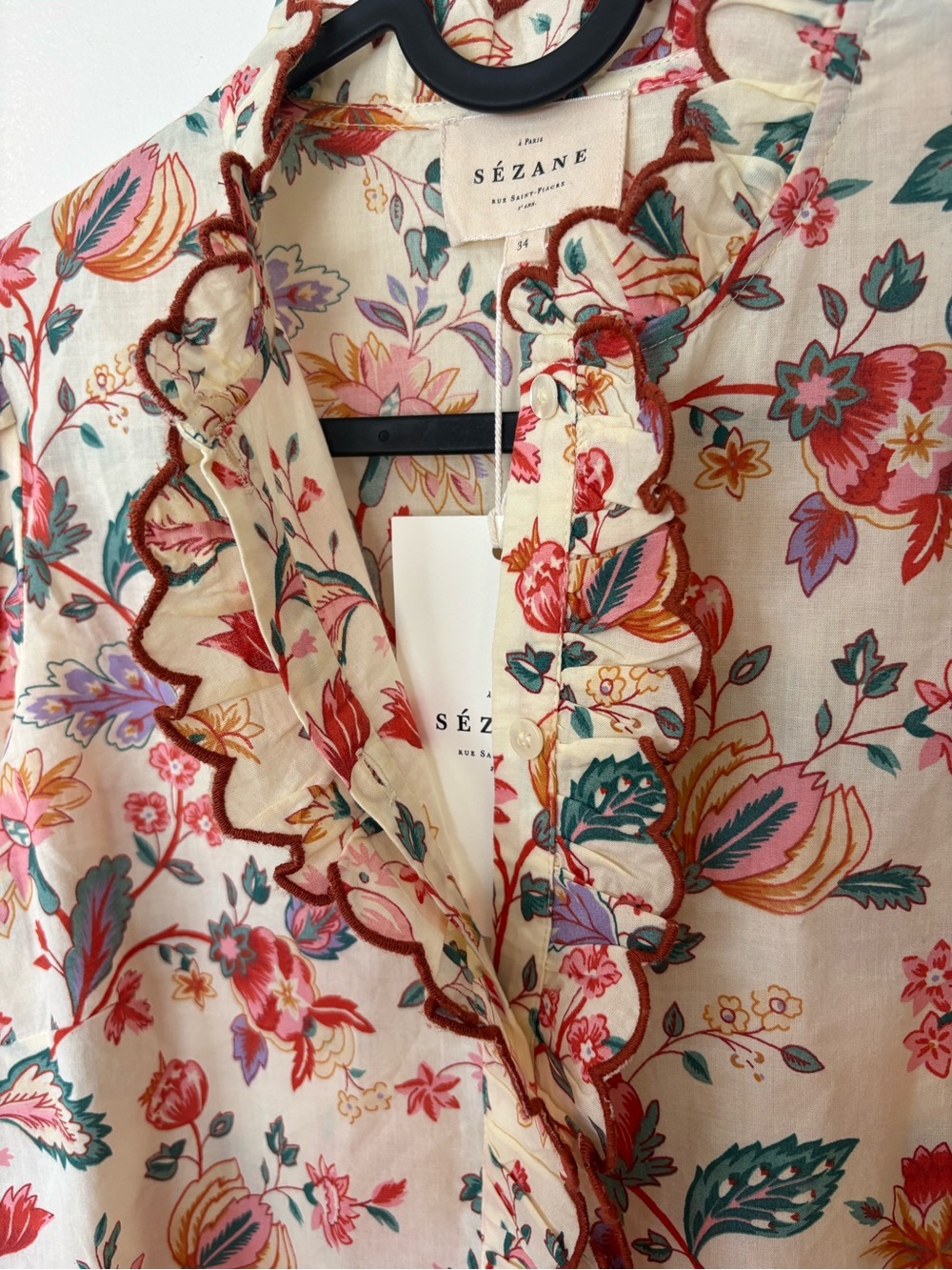 Sézane Maya Blouse Fleurs Indiennes Floral Ruffle Size 34 US 2 NWT - Picture 7 of 16
